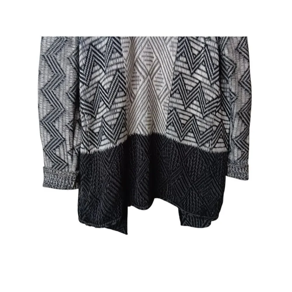 Lucky Brand Women’s Black White Open Front Cardigan Sweater Geometric Aztec M-L